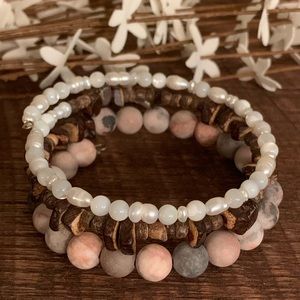 Pink Zebra Jasper, pearl, and wood bracelet.